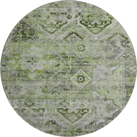 8' Artichoke Green Gray And Charcoal Floral Washable Round Rug With UV Protection Photo 1