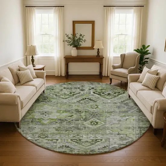 8' Artichoke Green Gray And Charcoal Floral Washable Round Rug With UV Protection Photo 3