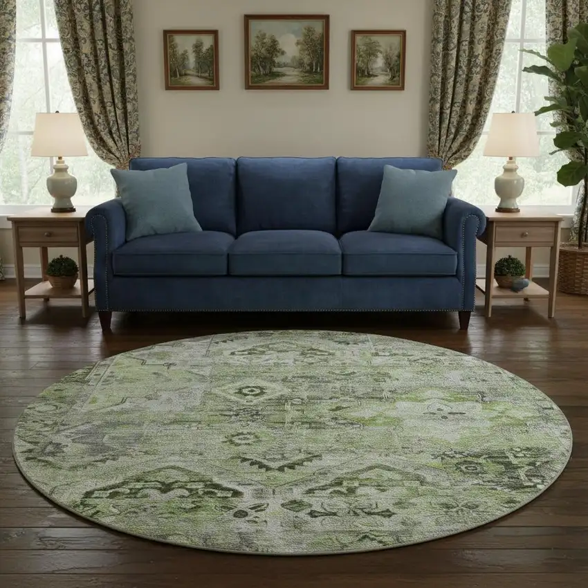 8' Artichoke Green Gray And Charcoal Floral Washable Round Rug With UV Protection Photo 2