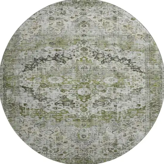 8' Artichoke Green Gray And Charcoal Oriental Washable Round Rug With UV Protection Photo 3