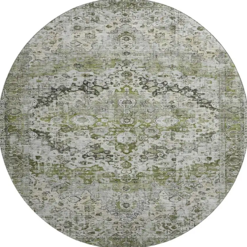8' Artichoke Green Gray And Charcoal Oriental Washable Round Rug With UV Protection Photo 3