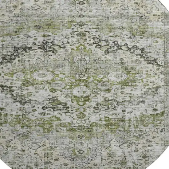 8' Artichoke Green Gray And Charcoal Oriental Washable Round Rug With UV Protection Photo 2