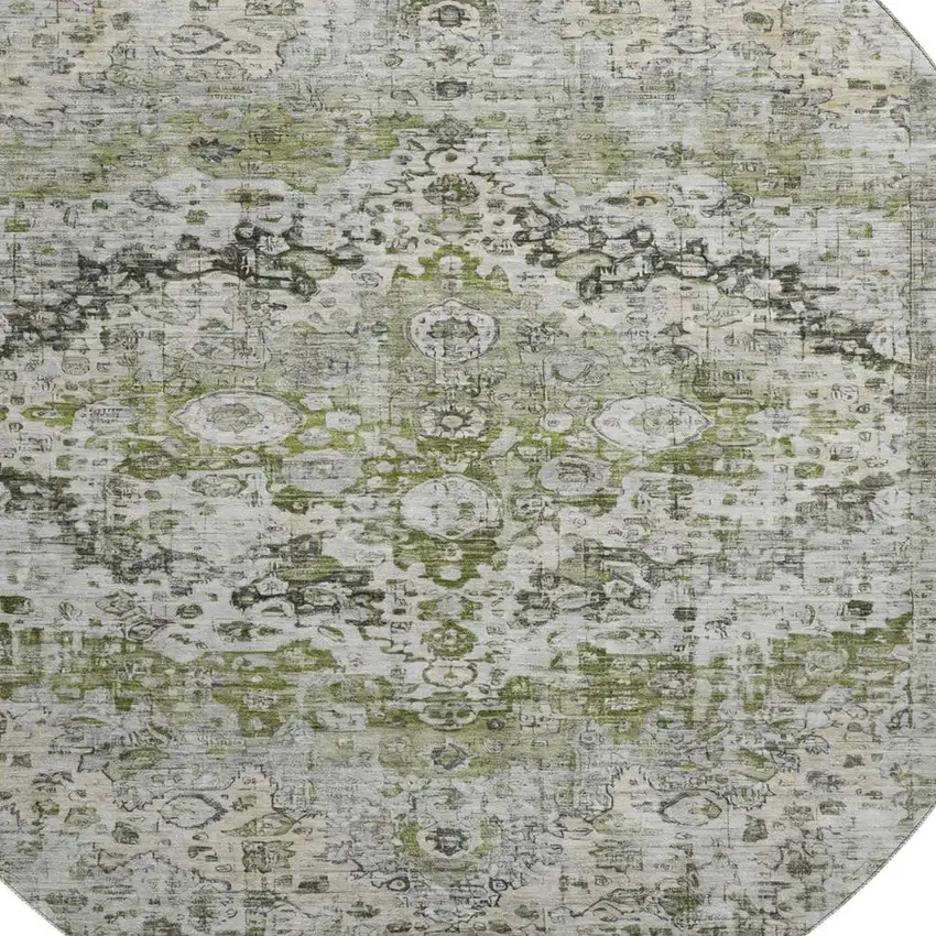 8' Artichoke Green Gray And Charcoal Oriental Washable Round Rug With UV Protection Photo 2