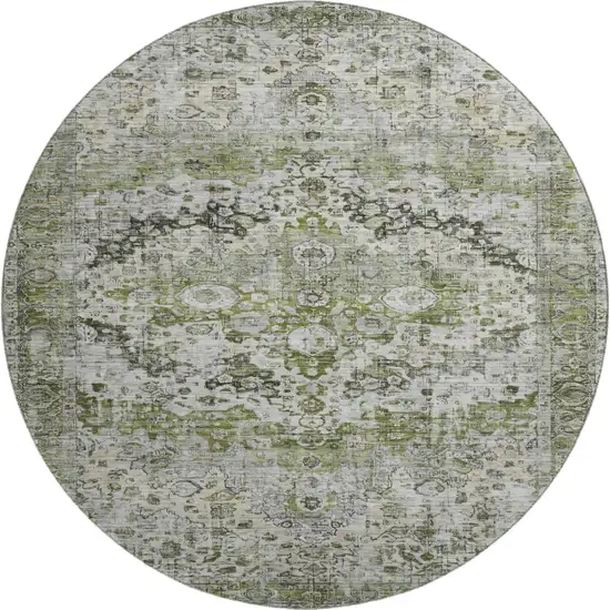 8' Artichoke Green Gray And Charcoal Oriental Washable Round Rug With UV Protection Photo 1