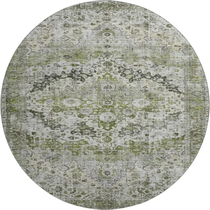 8' Artichoke Green Gray And Charcoal Oriental Washable Round Rug With UV Protection Photo 1