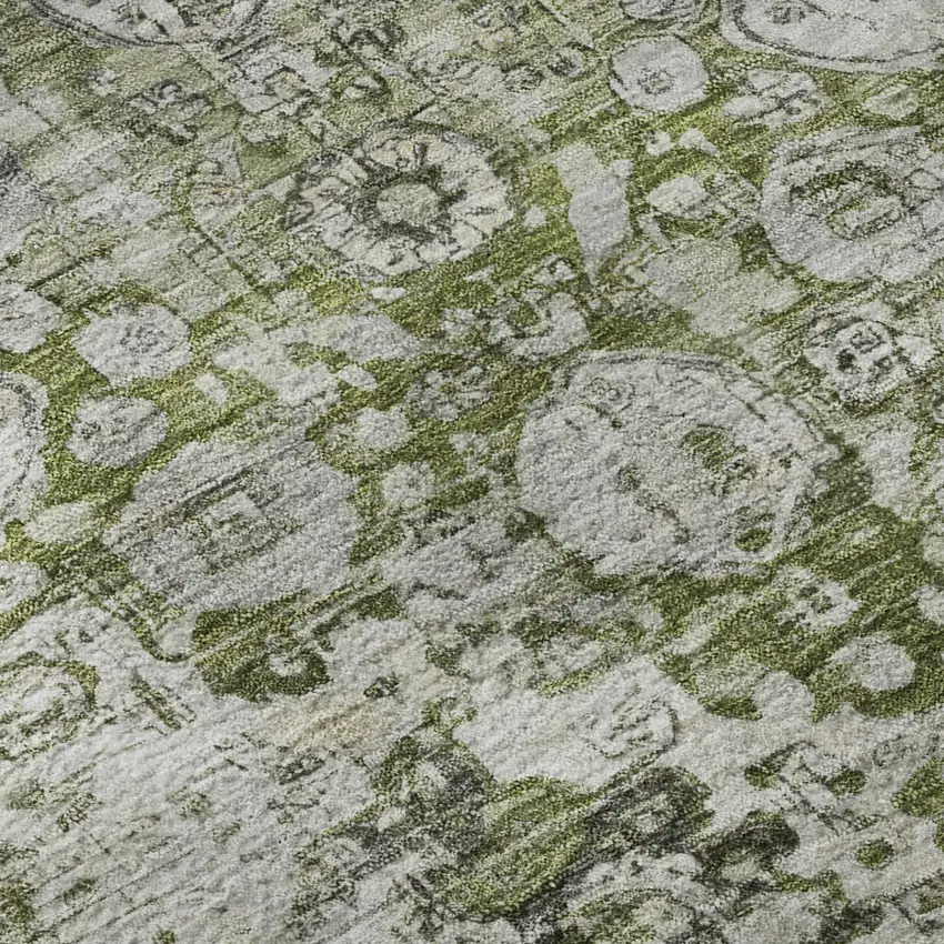 8' Artichoke Green Gray And Charcoal Oriental Washable Round Rug With UV Protection Photo 8