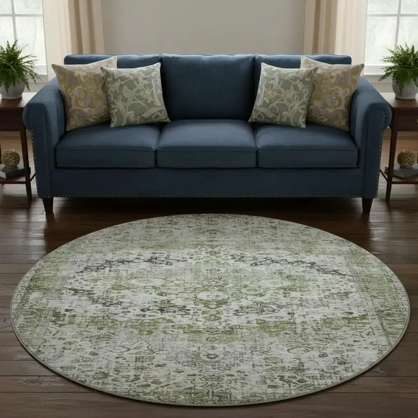 8' Artichoke Green Gray And Charcoal Oriental Washable Round Rug With UV Protection Photo 2