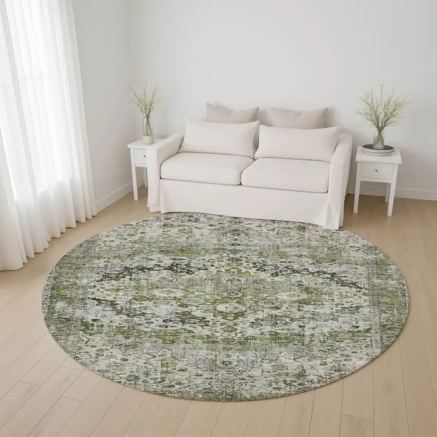 8' Artichoke Green Gray And Charcoal Oriental Washable Round Rug With UV Protection Photo 4
