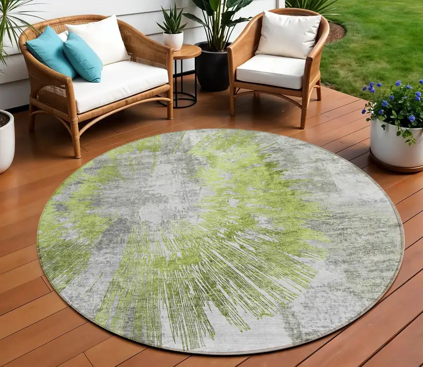 8' Artichoke Green Gray And Charcoal Round Abstract Washable Indoor Outdoor Area Rug Photo 1