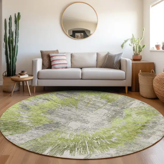 8' Artichoke Green Gray And Charcoal Round Abstract Washable Indoor Outdoor Area Rug Photo 6