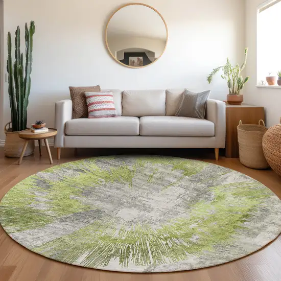 8' Artichoke Green Gray And Charcoal Round Abstract Washable Indoor Outdoor Area Rug Photo 6