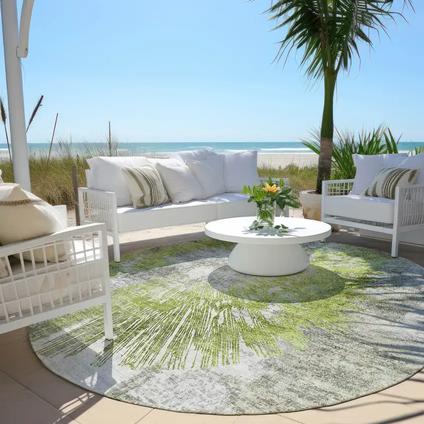 8' Artichoke Green Gray And Charcoal Round Abstract Washable Indoor Outdoor Area Rug Photo 5