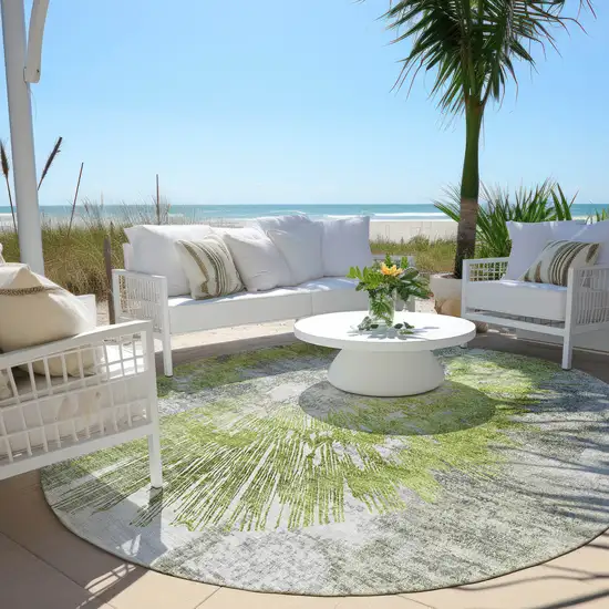 8' Artichoke Green Gray And Charcoal Round Abstract Washable Indoor Outdoor Area Rug Photo 5