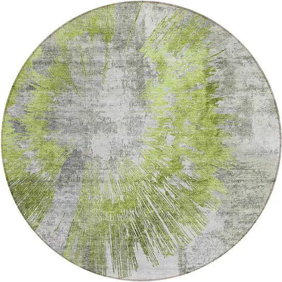8' Artichoke Green Gray And Charcoal Round Abstract Washable Indoor Outdoor Area Rug Photo 1