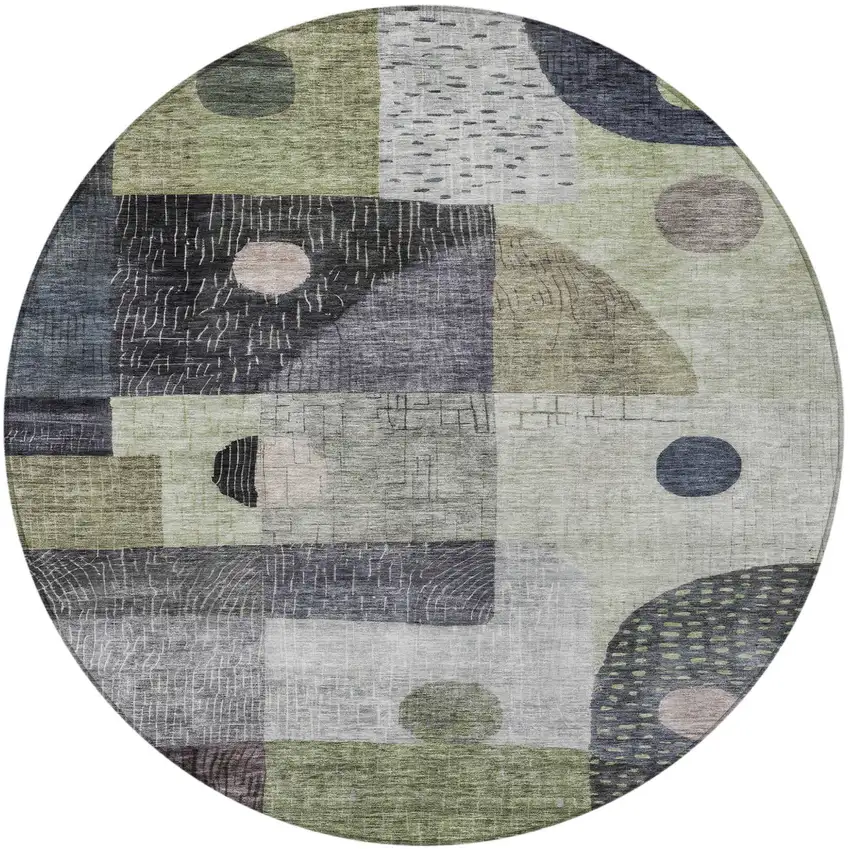 8' Artichoke Green Gray And Charcoal Round Geometric Washable Indoor Outdoor Area Rug Photo 6