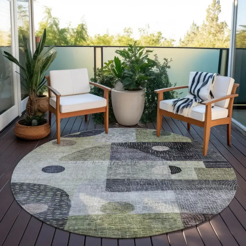 8' Artichoke Green Gray And Charcoal Round Geometric Washable Indoor Outdoor Area Rug Photo 7