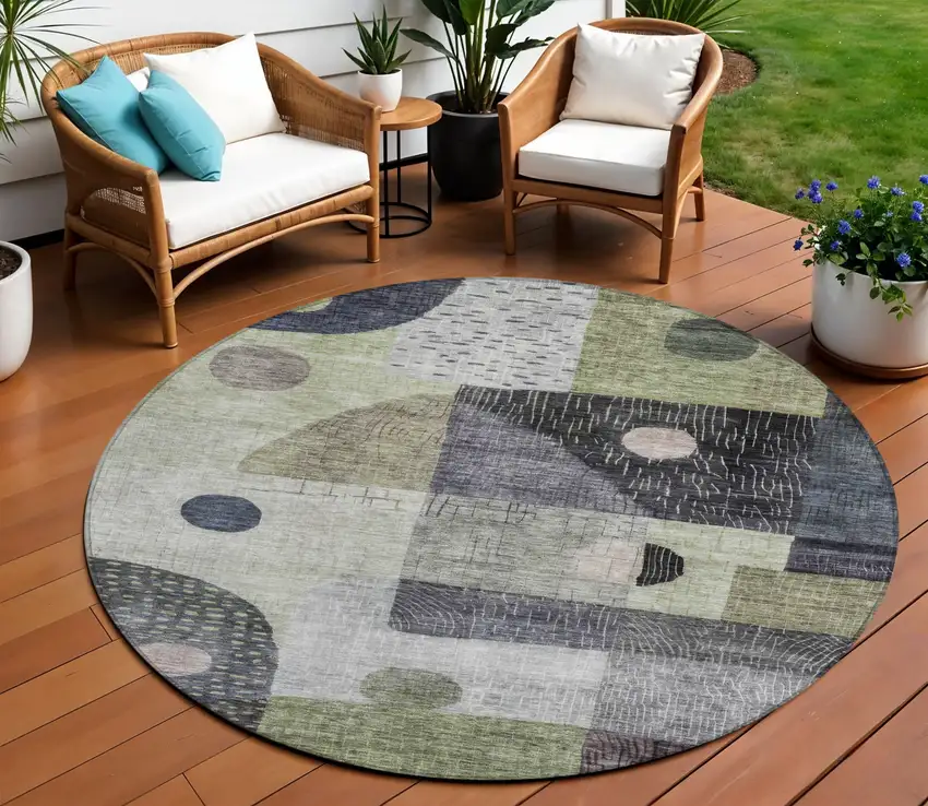 8' Artichoke Green Gray And Charcoal Round Geometric Washable Indoor Outdoor Area Rug Photo 1