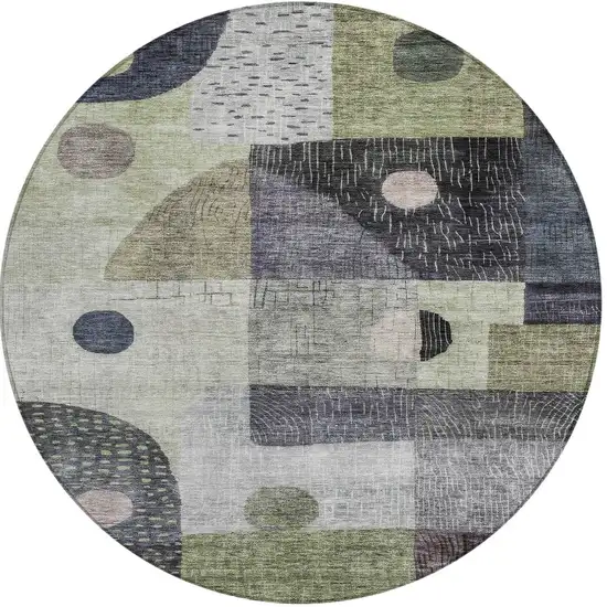 8' Artichoke Green Gray And Charcoal Round Geometric Washable Indoor Outdoor Area Rug Photo 5