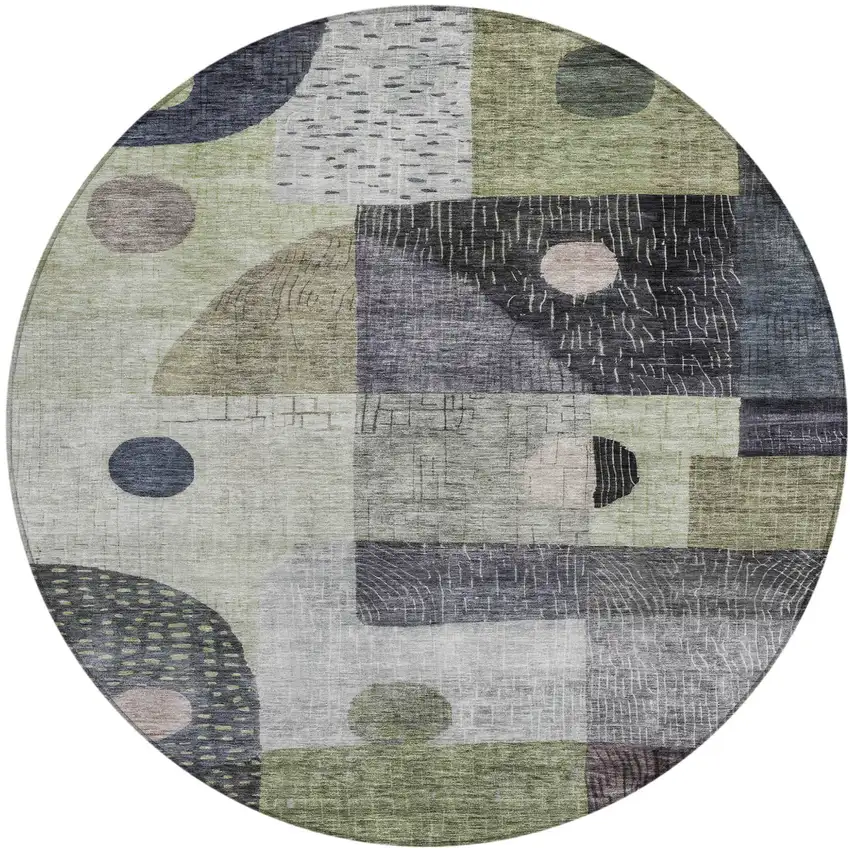 8' Artichoke Green Gray And Charcoal Round Geometric Washable Indoor Outdoor Area Rug Photo 2