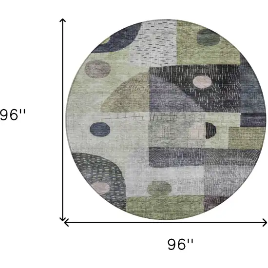 8' Artichoke Green Gray And Charcoal Round Geometric Washable Indoor Outdoor Area Rug Photo 9