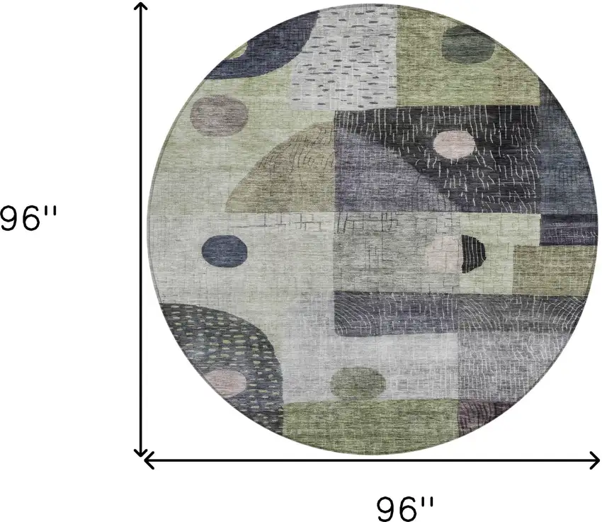 8' Artichoke Green Gray And Charcoal Round Geometric Washable Indoor Outdoor Area Rug Photo 9
