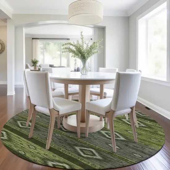 8' Artichoke Green Gray And Fern Green Round Tribal Washable Indoor Outdoor Area Rug Photo 7