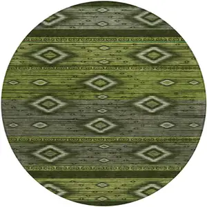 Photo of 8' Artichoke Green Gray And Fern Green Round Tribal Washable Indoor Outdoor Area Rug