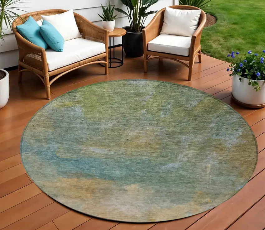 8' Artichoke Green Gray And Gold Round Abstract Washable Indoor Outdoor Area Rug Photo 1