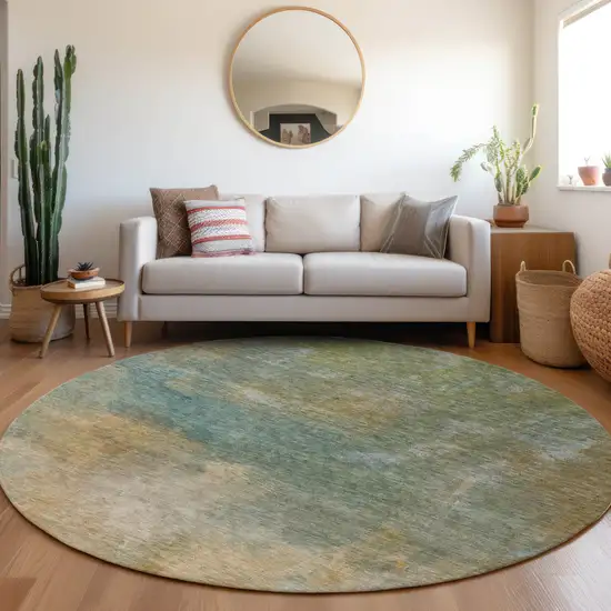 8' Artichoke Green Gray And Gold Round Abstract Washable Indoor Outdoor Area Rug Photo 8