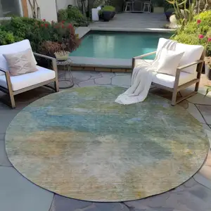 Photo of 8' Artichoke Green Gray And Gold Round Abstract Washable Indoor Outdoor Area Rug