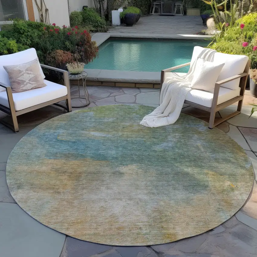 8' Artichoke Green Gray And Gold Round Abstract Washable Indoor Outdoor Area Rug Photo 7