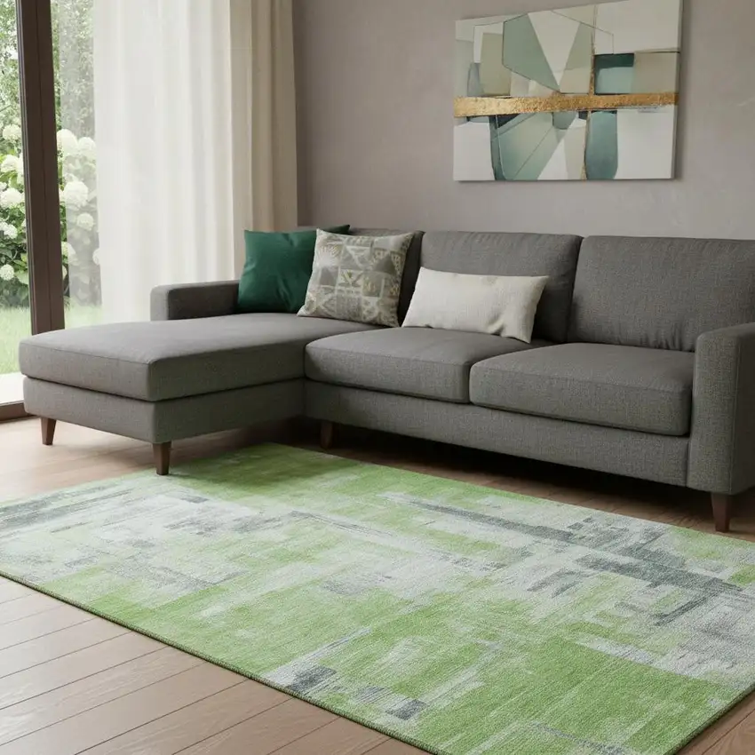 8' Artichoke Green Gray And Ivory Abstract Washable Area Rug With UV Protection Photo 2