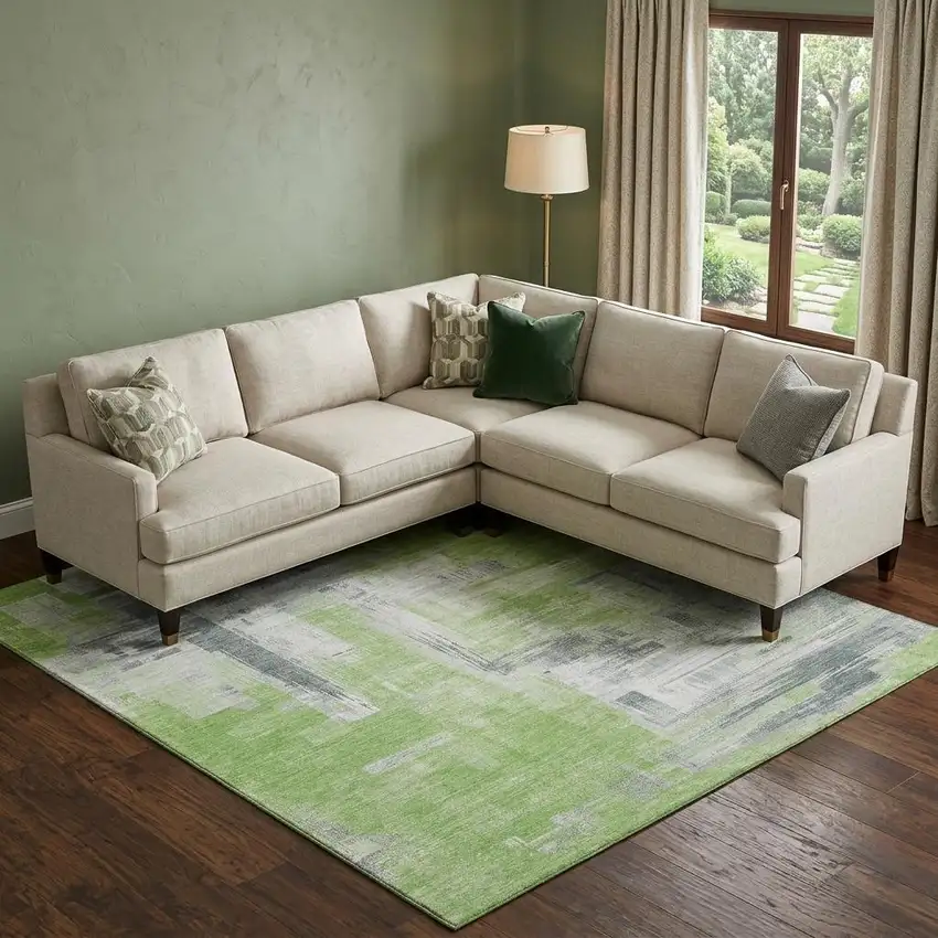 8' Artichoke Green Gray And Ivory Abstract Washable Area Rug With UV Protection Photo 1