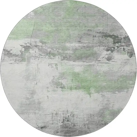 8' Artichoke Green Gray And Ivory Abstract Washable Round Rug With UV Protection Photo 3