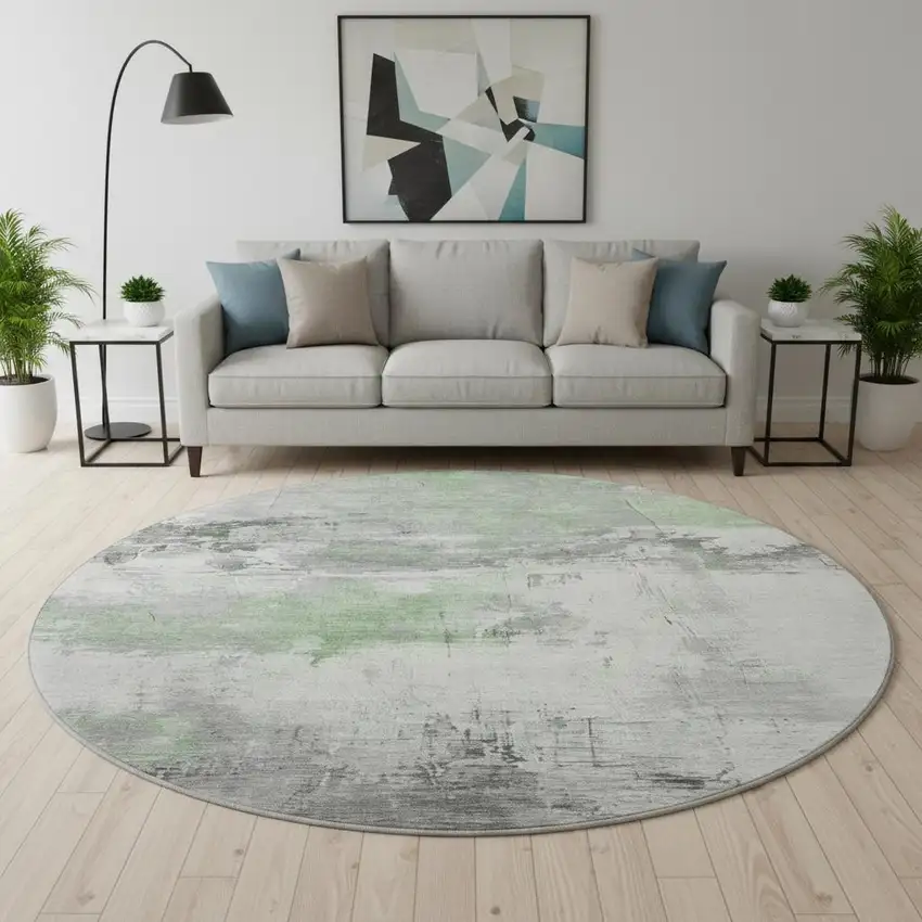 8' Artichoke Green Gray And Ivory Abstract Washable Round Rug With UV Protection Photo 2