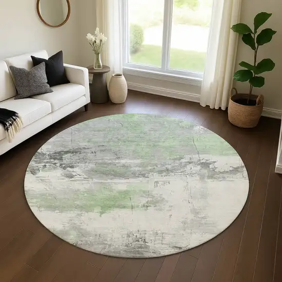 8' Artichoke Green Gray And Ivory Abstract Washable Round Rug With UV Protection Photo 4