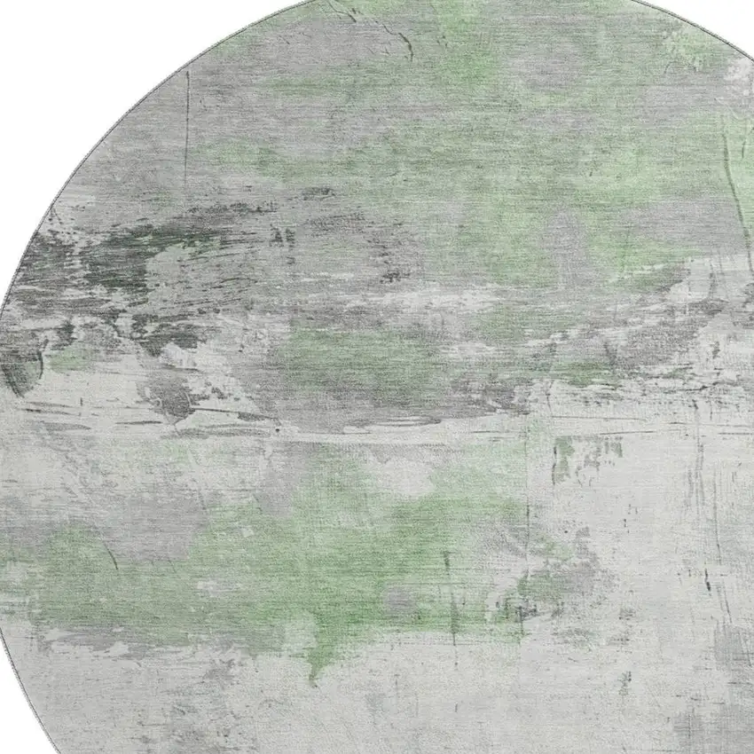 8' Artichoke Green Gray And Ivory Abstract Washable Round Rug With UV Protection Photo 2
