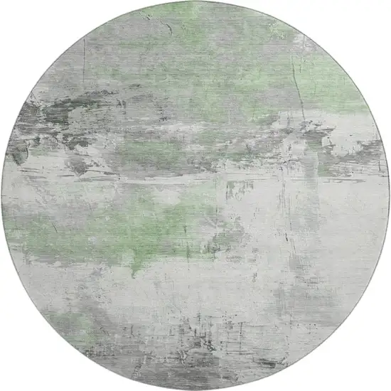 8' Artichoke Green Gray And Ivory Abstract Washable Round Rug With UV Protection Photo 1