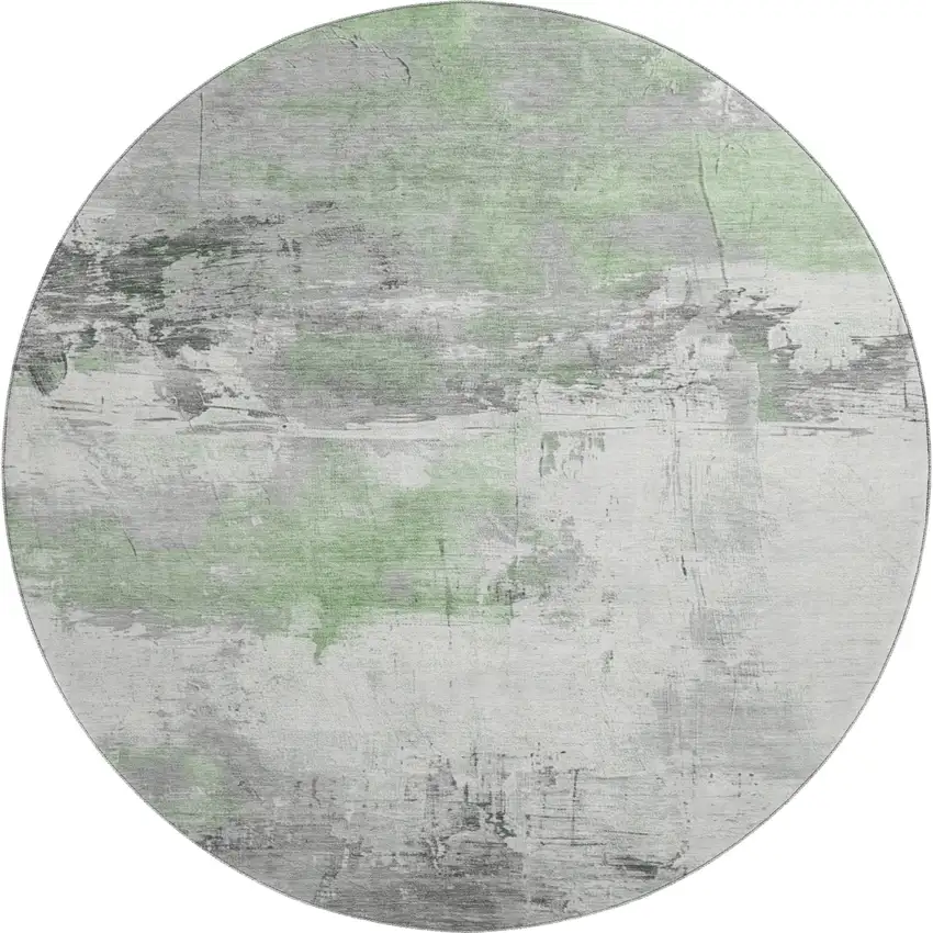 8' Artichoke Green Gray And Ivory Abstract Washable Round Rug With UV Protection Photo 1