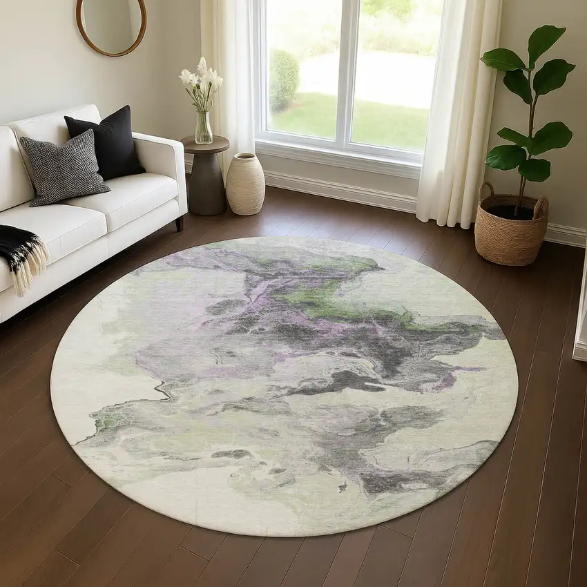 8' Artichoke Green Gray And Ivory Abstract Washable Round Rug With UV Protection Photo 4
