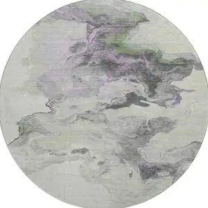 Photo of 8' Artichoke Green Gray And Ivory Abstract Washable Round Rug With UV Protection
