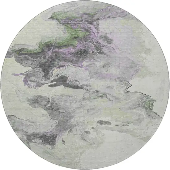 8' Artichoke Green Gray And Ivory Abstract Washable Round Rug With UV Protection Photo 3