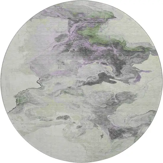 8' Artichoke Green Gray And Ivory Abstract Washable Round Rug With UV Protection Photo 1
