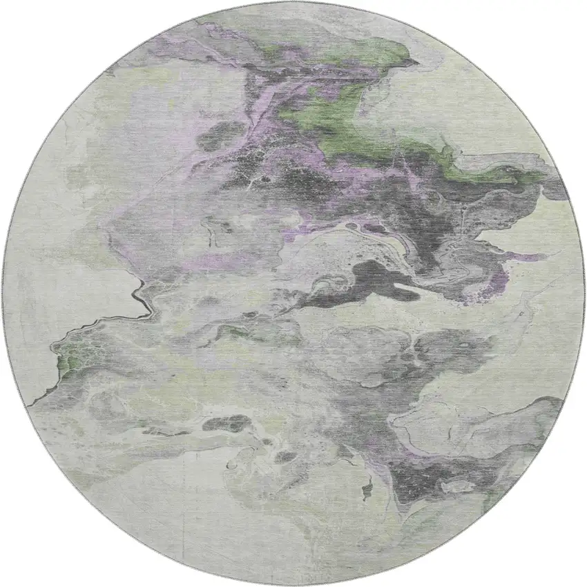 8' Artichoke Green Gray And Ivory Abstract Washable Round Rug With UV Protection Photo 1