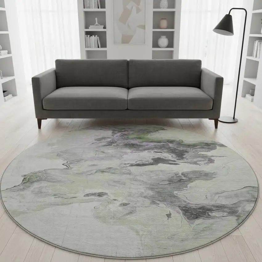 8' Artichoke Green Gray And Ivory Abstract Washable Round Rug With UV Protection Photo 2