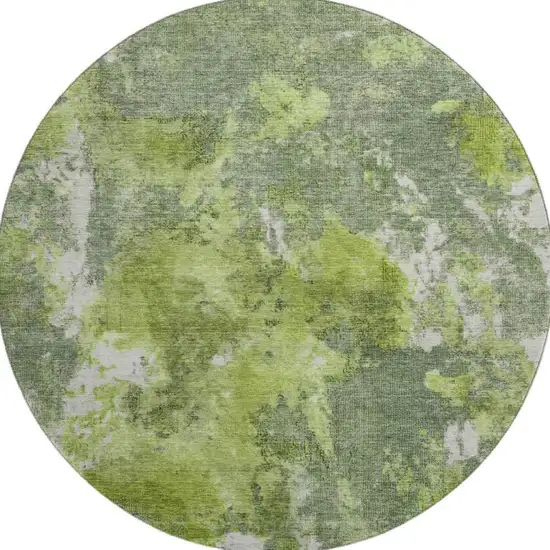 8' Artichoke Green Gray And Ivory Abstract Washable Round Rug With UV Protection Photo 3