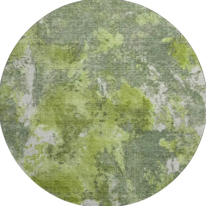 8' Artichoke Green Gray And Ivory Abstract Washable Round Rug With UV Protection Photo 3