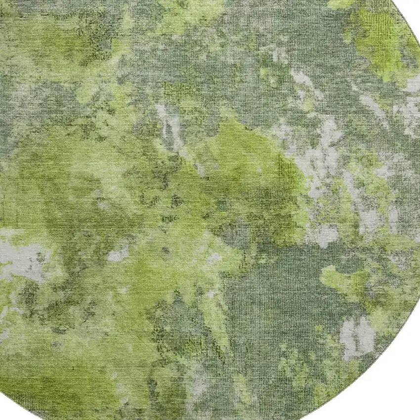 8' Artichoke Green Gray And Ivory Abstract Washable Round Rug With UV Protection Photo 2