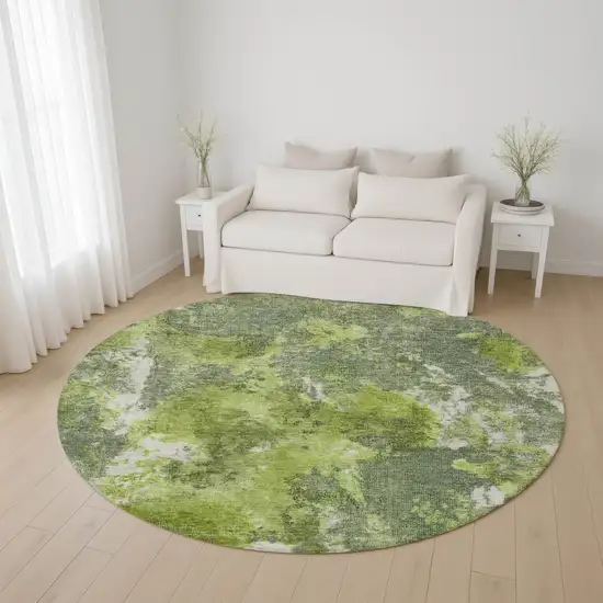 8' Artichoke Green Gray And Ivory Abstract Washable Round Rug With UV Protection Photo 4