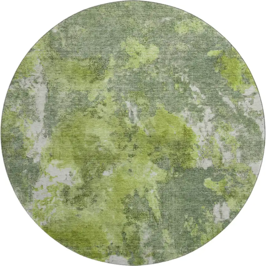 8' Artichoke Green Gray And Ivory Abstract Washable Round Rug With UV Protection Photo 1